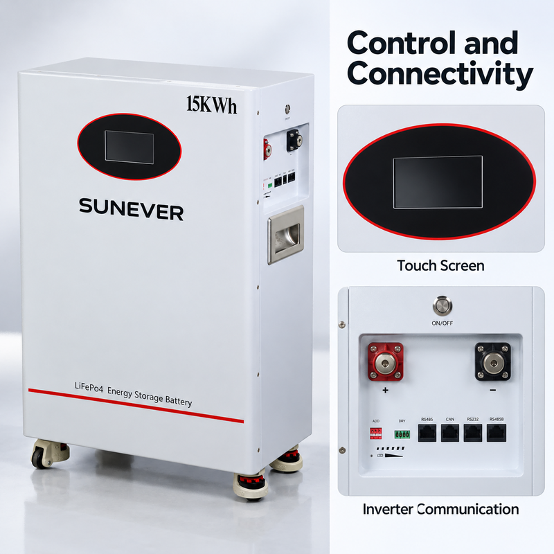 SUNEVER TD-15 51.2V 300Ah Batteria di Accumulo Solare LiFePO4 15.36kWh 200A CAN RS485 da Pavimento
